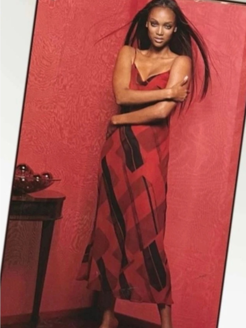 Red Satin Slip Dress with Abstract Black Stripe Detail Victoria secret silk dres - Picture 5 of 5